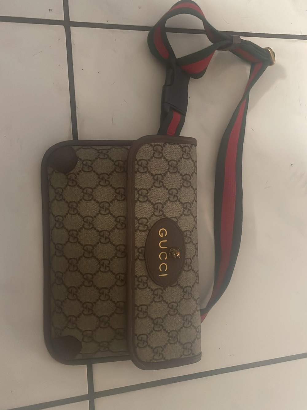 Gucci Beige/Brown GG Canvas Belt Crossbody with Red-Green Web Strap